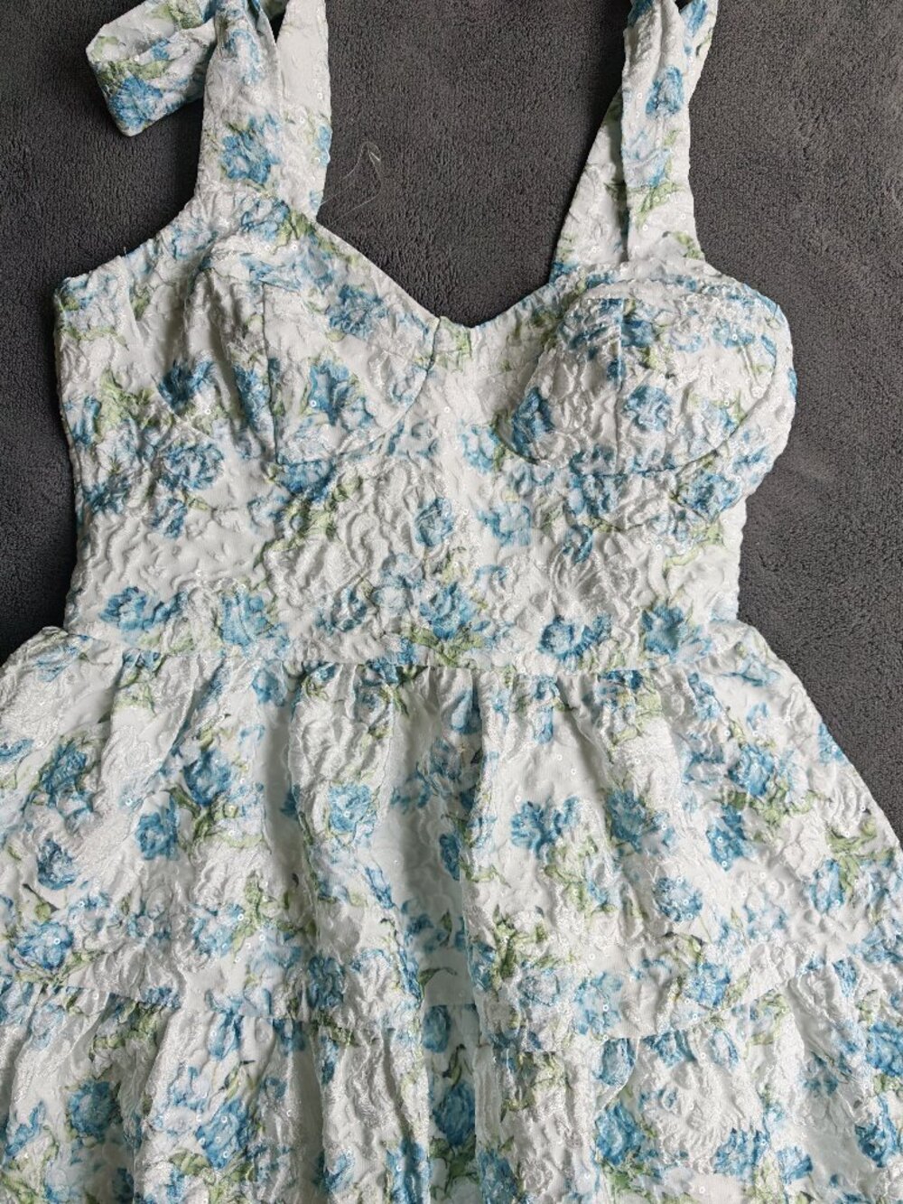 Altar’d State Blue Floral Shimmer Jacquard Tie Strap Mini Dress Cottagecore Size - Picture 6 of 16